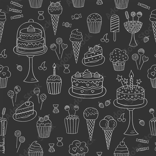 Sweets hand drawn doodle vector seamless background. Dessert illustrations pastries, birthday cake, cupcake, ice cream, candy, lollipop, chocolate.