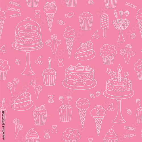 Sweets hand drawn doodle vector seamless background. Dessert illustrations pastries, birthday cake, cupcake, ice cream, candy, lollipop, chocolate.