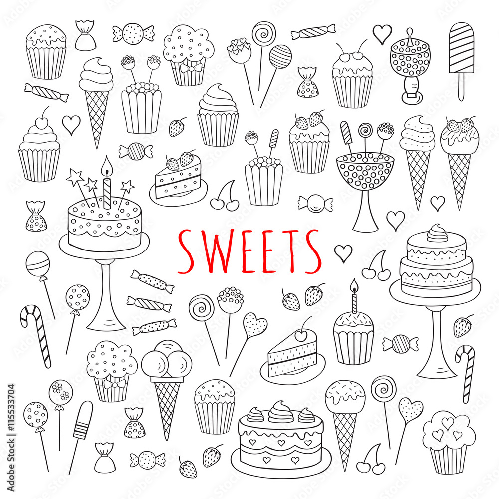 Sweets set vector icons hand drawn doodle. Dessert illustrations pastries, birthday cake, cupcake, ice cream, candy, lollipop, chocolate isolated .