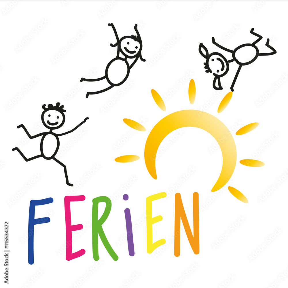 Fröhliche und sportliche Kinder mit buntem Schriftzug Ferien Fröhliche und sportliche Kinder mit buntem Schriftzug Ferien