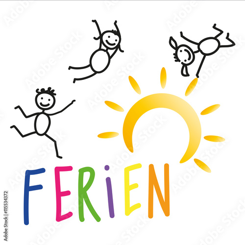 Fröhliche und sportliche Kinder mit buntem Schriftzug Ferien - Schulfrei und Sommerferien im Sommer