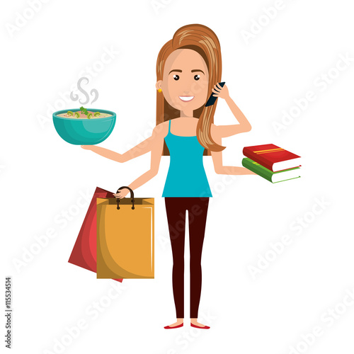 Multitasking person cartoon with icons, vector illustration graphic design.