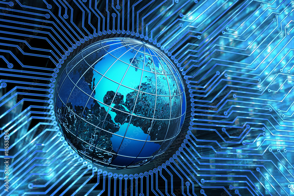 Fototapeta premium Global communication network, microchip connections, computer science and electronic technology concept, circuit board with Earth globe on blue background with digital code