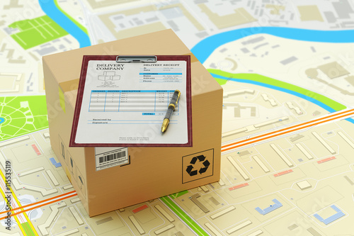 Packages delivery service, parcels transportation, transport of purchases, logistics and business concept, cardboard box and clipboard with receipt form on city map