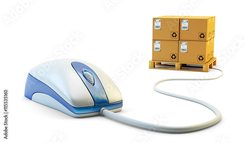 E-commerce, internet shopping, single click online purchases and package delivery concept, stack of cardboard boxes on pallet and computer mouse device isolated on white