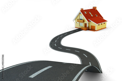 The way to home, real estate and navigation concept, single lane road track leading to the house building isolated on white