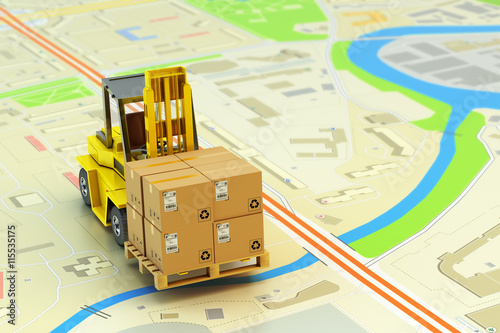 Packages shipment, logistics and cargo delivery concept, forklift truck with cardboard boxes on city map background