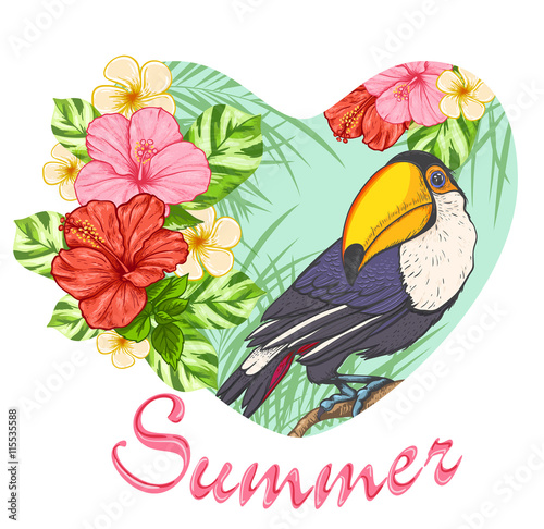 Pink tropical flowers and toucan