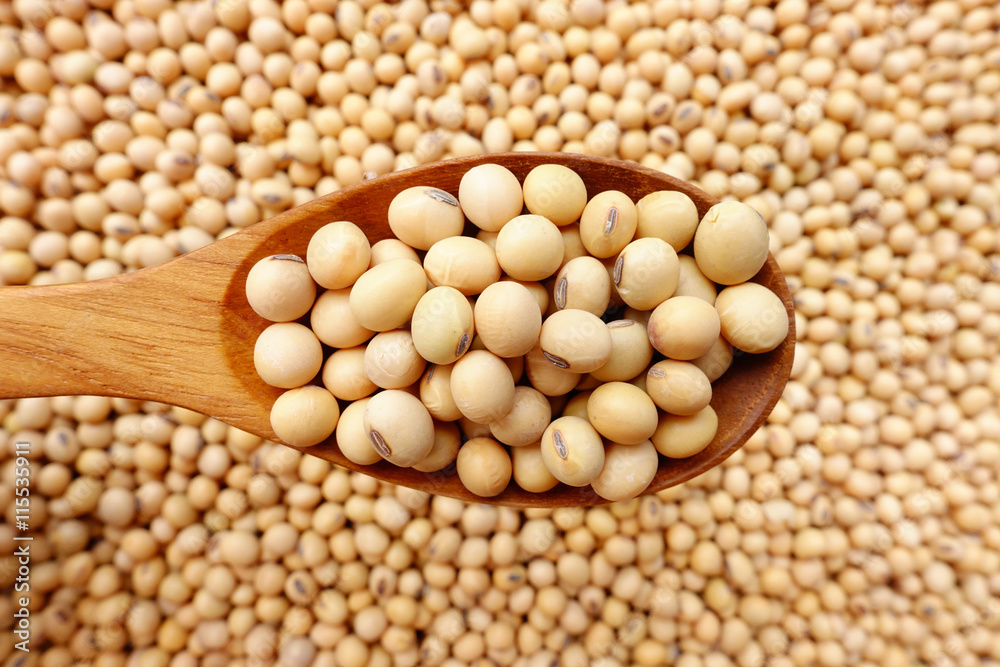 Soy beans with a wooden spoon Soy beans with a wooden spoon