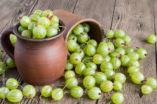  Freshly picked gooseberries.    Freshly picked gooseberries in clay mugs on a wooden table.