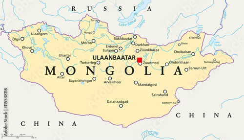 Fotografiet Mongolia political map with capital Ulaanbaatar, national borders, important cities, rivers and lakes