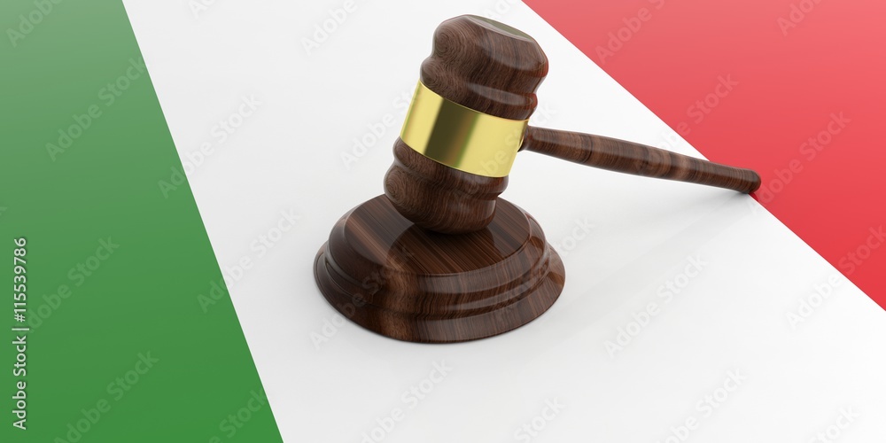 Gavel on an Italian flag. 3d illustration