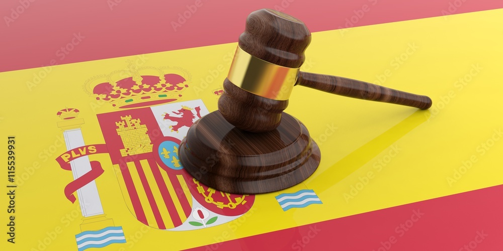 Gavel on a Spain flag background. 3d illustration