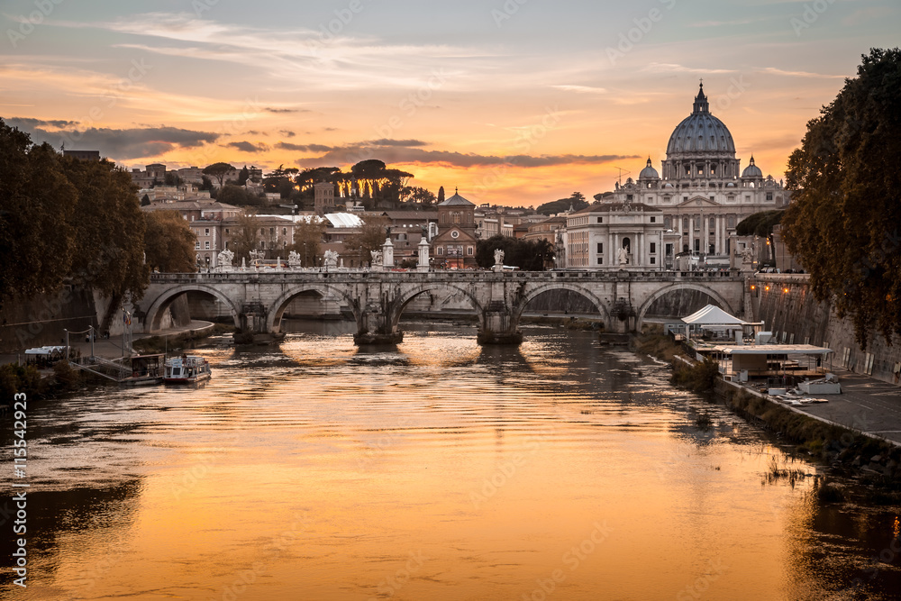 Twilight on Tiber river with sight of Vatican City