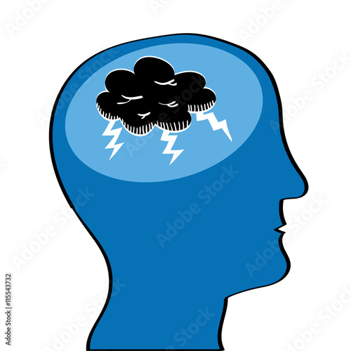 Human head in profile with a black storm cloud and lightening in the brain area as a metaphor for mental health issues