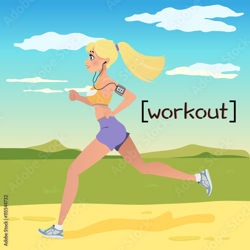 Blonde young woman jogging in the Countryside. Running girl in cartoon style. Vector illustration isolated on white background. Design for motivational poster, article about fitness.