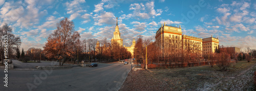 Cityscape of sunset Moscow State University under cloudy blue sky