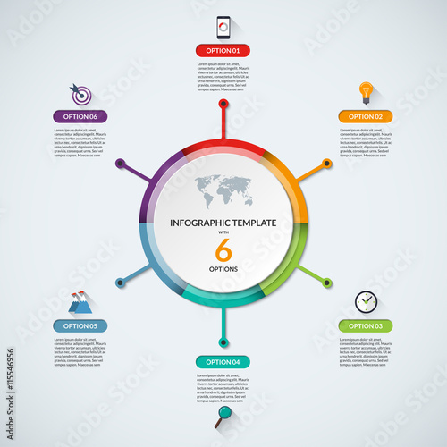 Infographic circle diagram template. Business concept with 6 steps, parts, options. Banner with the set of flat icons and design elements. Can be used for cycle diagram, round chart, graph, report