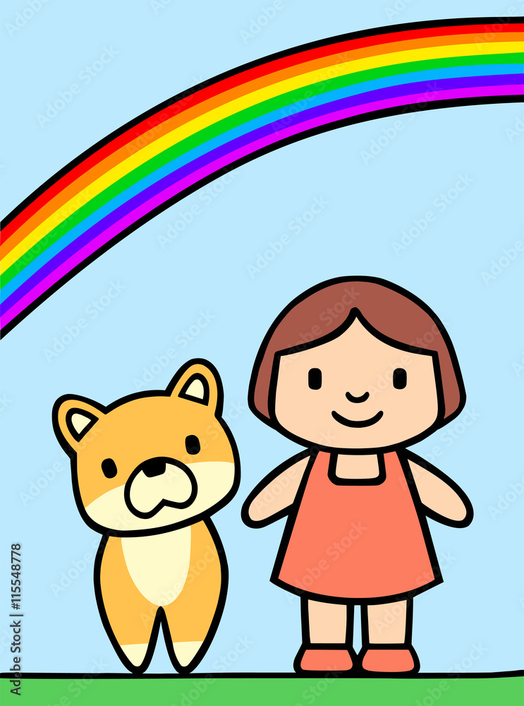 可愛い小さな女の子と犬　/　ベクターイラストレーション