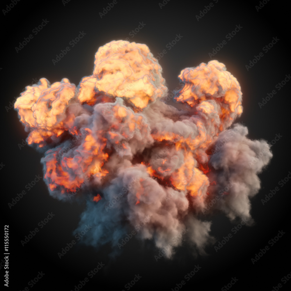 Large explosion with black smoke in dark 3d rendering - obrazy, fototapety, plakaty 