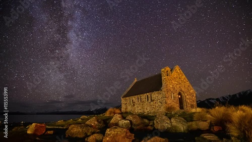 Beautiful Milky Way Galaxy Rising Above Church Of Good Shepherd, New Zealand. Timelapse Zoom Out