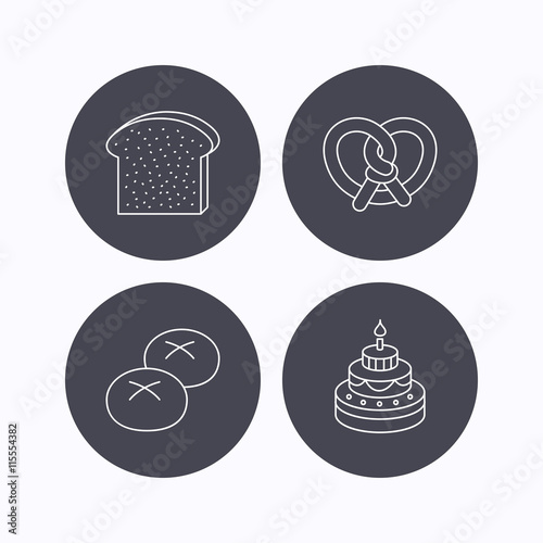 Cake, pretzel and bread rolls icons.
