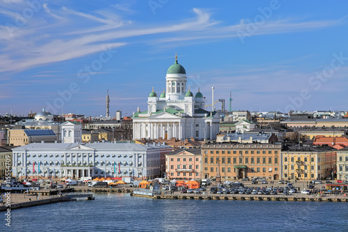 View of Helsinki Cathedral and Market Square (Kauppatori) in South Harbor of Helsinki, Finland