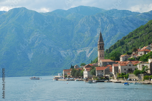 Marine view on the ancient town in Boca Kotorska bay of Montenegro