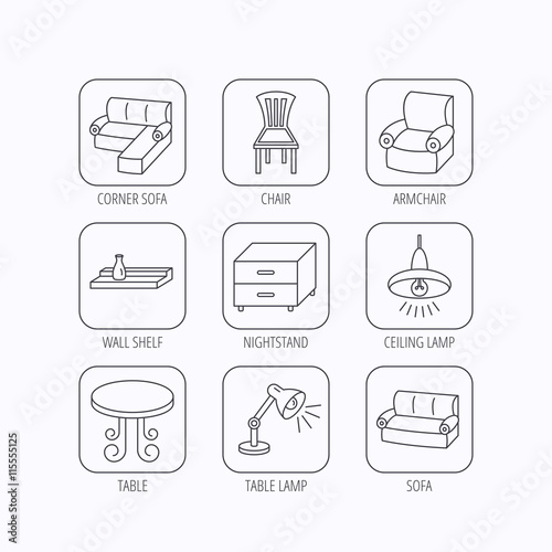 Corner sofa, table and armchair icons.