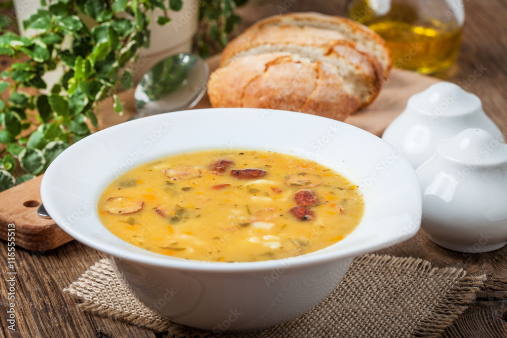 Pea soup with bacon and sausage. Pea soup with bacon and sausage.