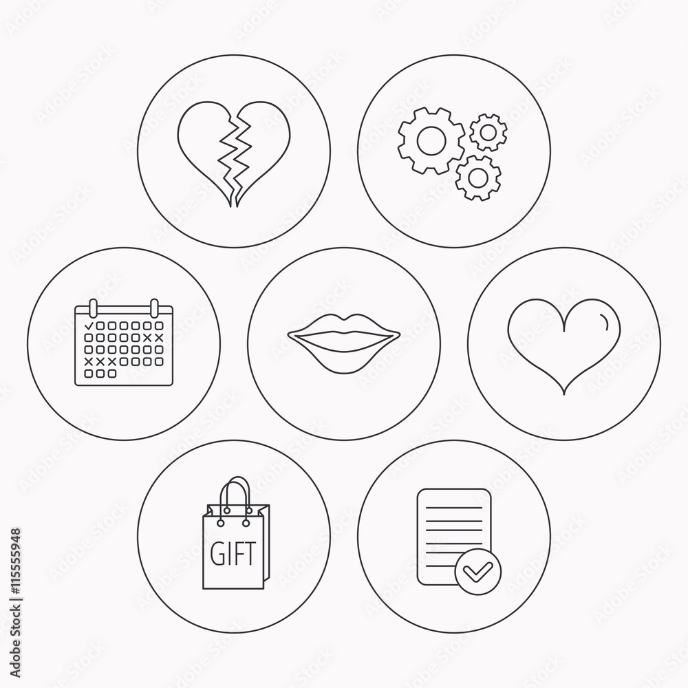 Love heart, kiss lips and gift icons. Love heart, kiss lips and gift icons.
