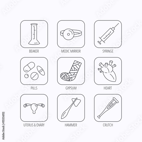 Syringe, beaker and pills icons. Medical signs.