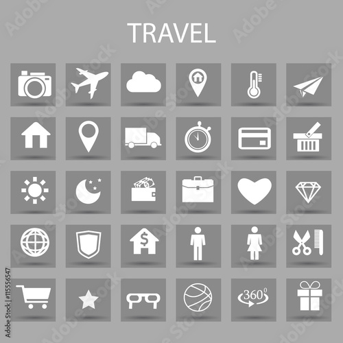 Vector flat icons set and graphic design elements. Illustration with travel, tourism outline symbols.