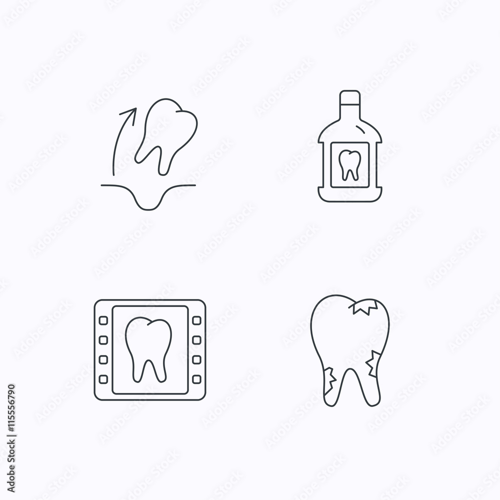 Tooth extraction, caries and mouthwash icons. Tooth extraction, caries and mouthwash icons.