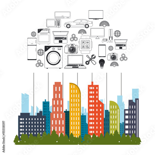 Technology and Internet concept represented by smart city and  icon set. Isolated and flat illustration.