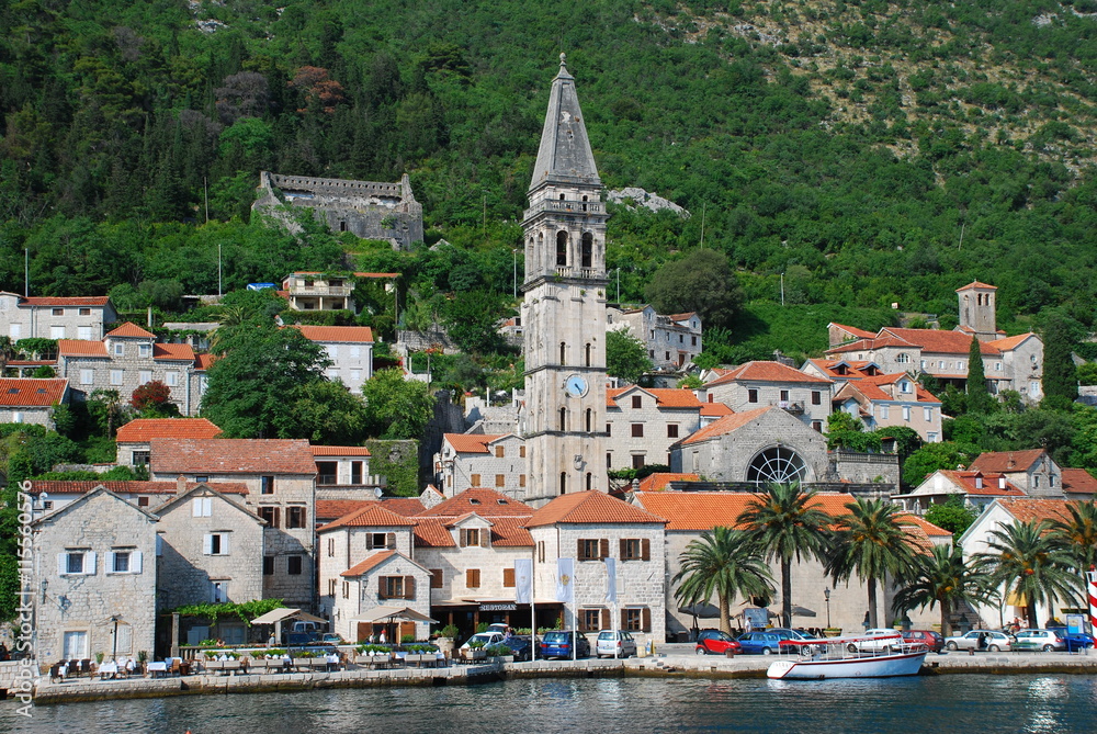 Marine view on the old coastline town in Boca Kotorska bay, Montenegro