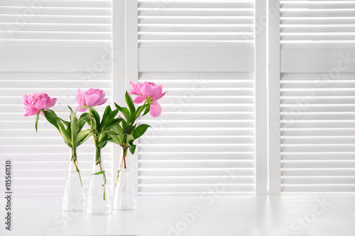 Beautiful peony flowers on white folding screen background