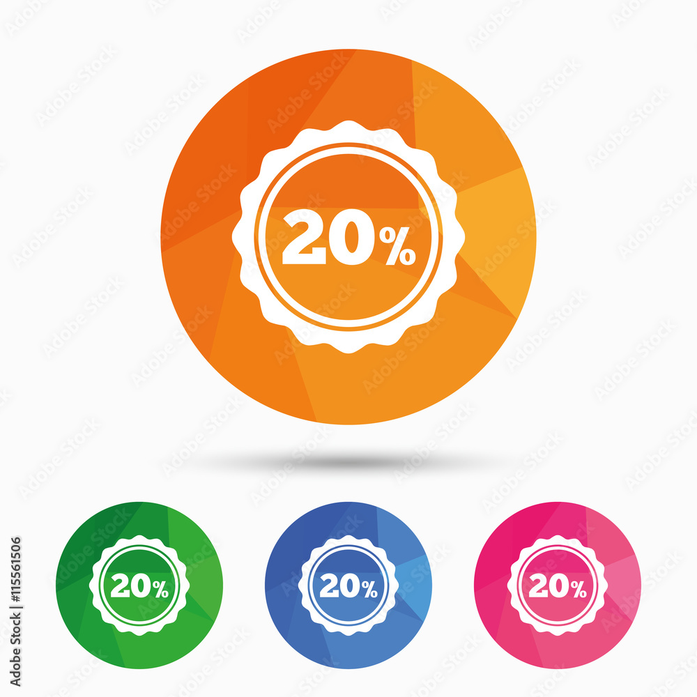 20 percent discount sign icon. Sale symbol. 20 percent discount sign icon. Sale symbol.
