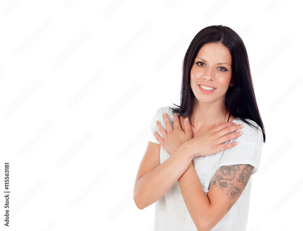 Pretty brunette woman in love showing a hug Pretty brunette woman in love showing a hug