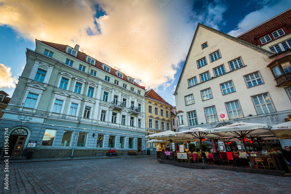 Buildings at Old Town Square at sunset, in Tallinn, Estonia.