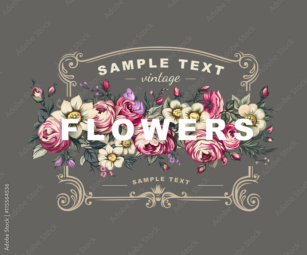 Vector floral label with a frame composed of detailed flowers - obrazy, fototapety, plakaty 