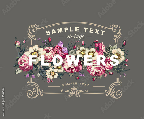 Fototapeta Naklejka Na Ścianę i Meble -  Vector floral label with a frame composed of detailed flowers