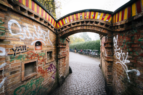 Photography Entrance to Christiania, in Christianshavn, Copenhagen, Denmark.