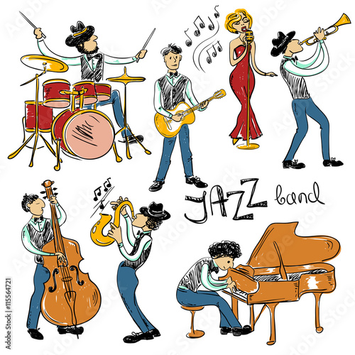 Set Of Isolated Colorful Jazz Musicians.