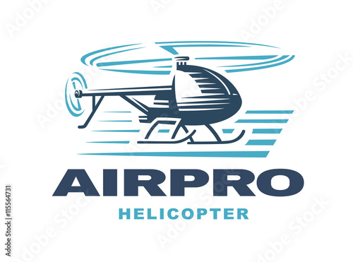 Flying helicopter, logo emblem, light background