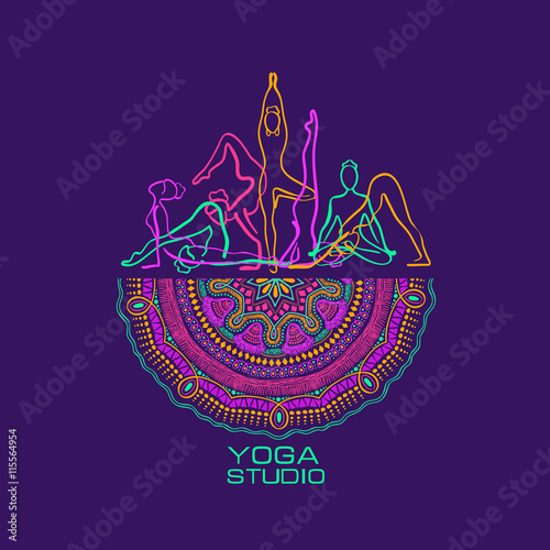 Female Silhouettes Doing Yoga Poses And Mandala Design.