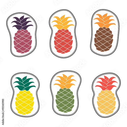 embroidery summer patches collection. vector set illustration pineapple for stickers  badges