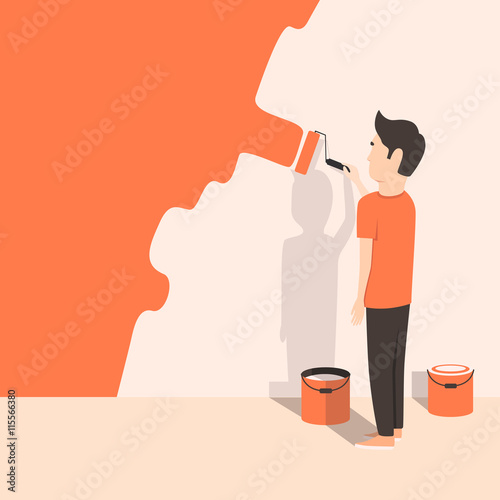 Man paints the wall at home. Cartoon style. Vector illustration