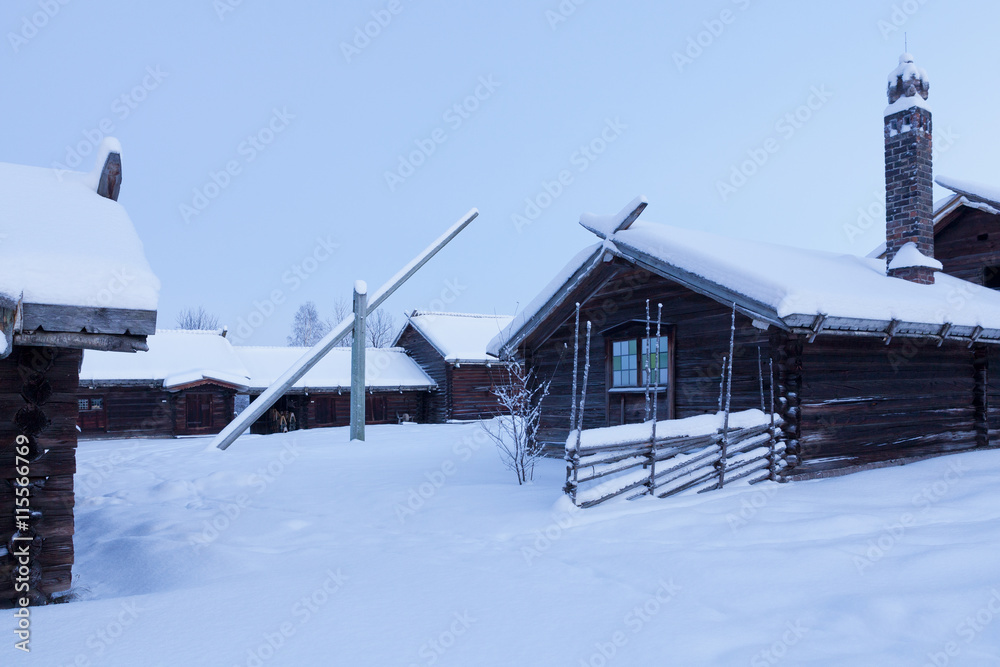 Sweden, Dalarna, Mora, Wooden houses covered with snow Sweden, Dalarna, Mora, Wooden houses covered with snow