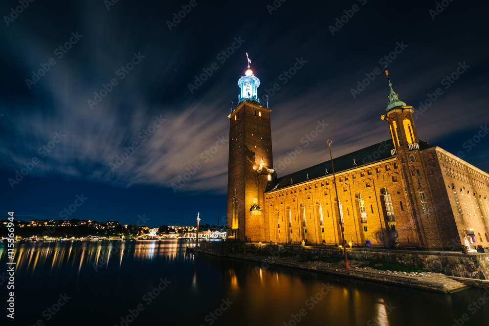 Stockholm City Hall at night, in Kungsholmen, Stockholm, Sweden.